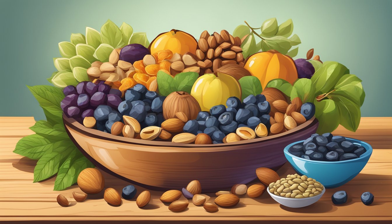 A variety of nuts, seeds, and dried fruits spill out of a colorful bowl onto a wooden table, surrounded by fresh produce and a glass of water