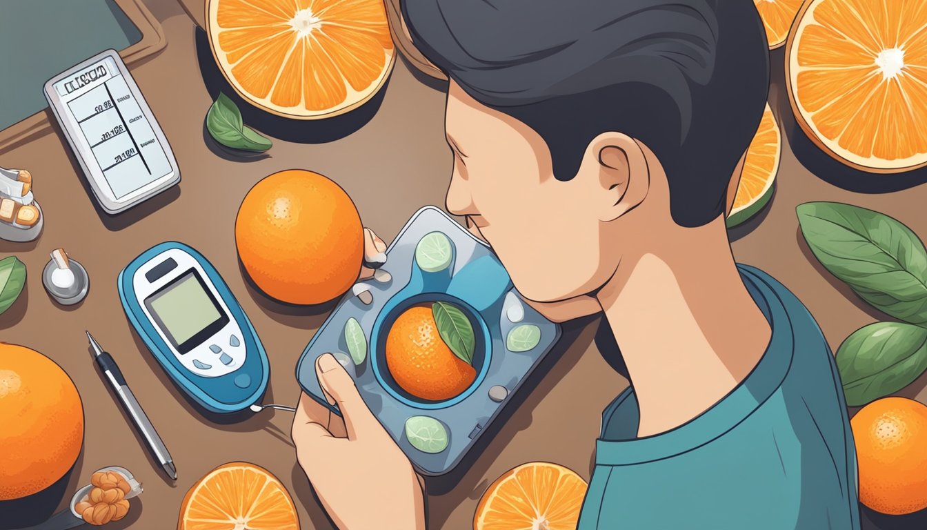 A diabetic person carefully examining a tangerine, surrounded by various food items and a blood glucose monitor