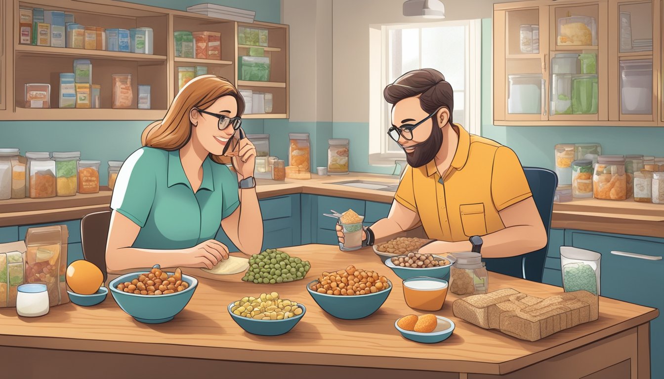 A dietician discussing snack options with a diabetic patient, surrounded by various healthy snack mixes and ingredients