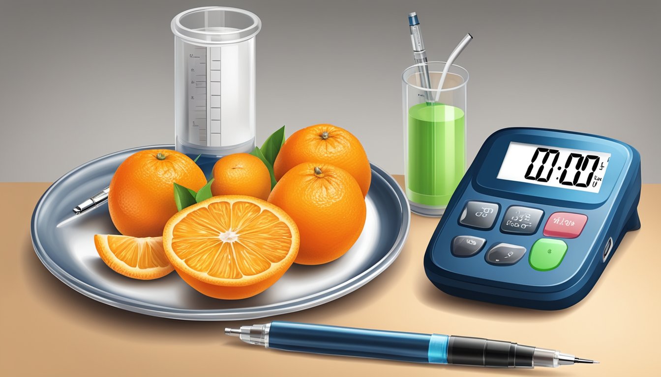 A table with a plate of tangerines next to a glucometer and insulin pen