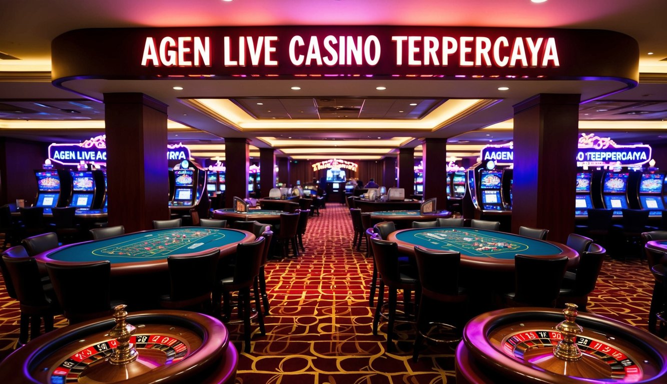 Lantai kasino yang ramai dengan roda roulette berputar, meja kartu dipenuhi pemain, dan lampu neon berkedip "Agen live casino terpercaya" di atas pintu masuk