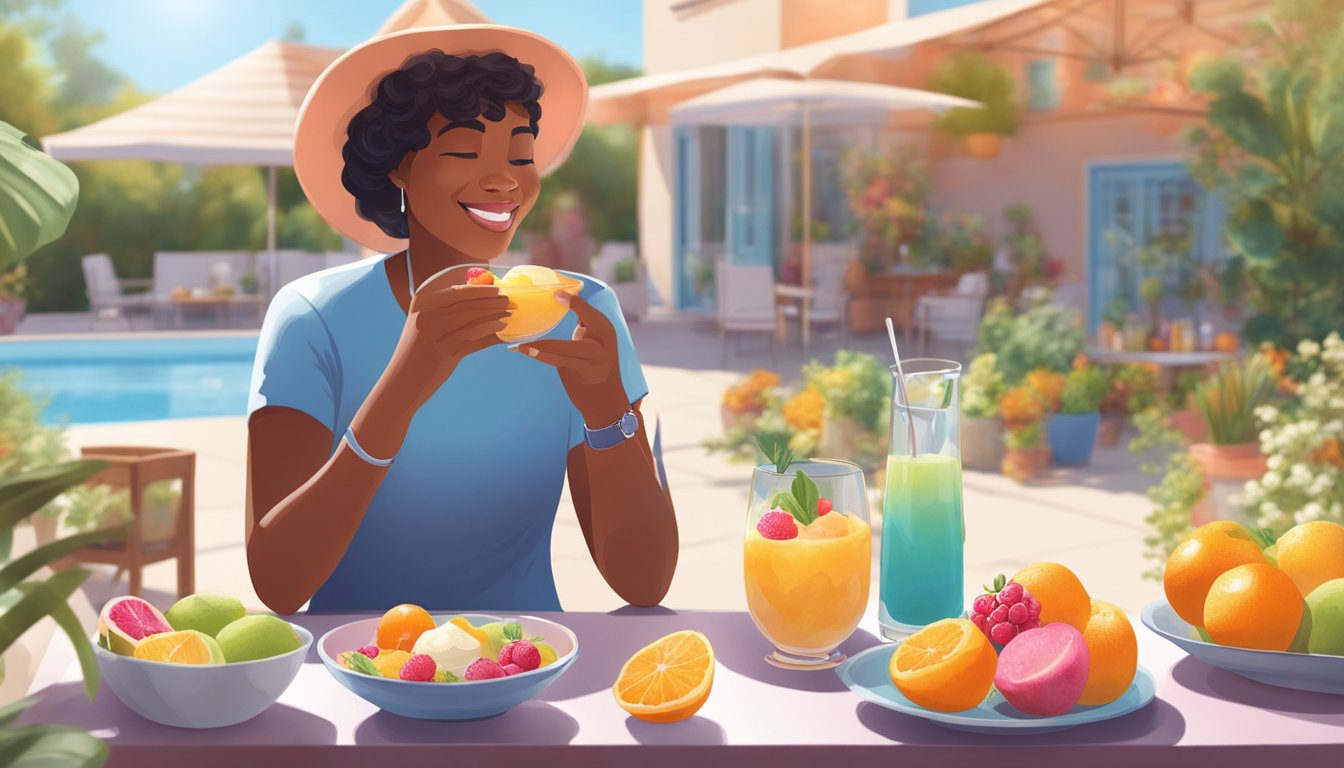 A person with diabetes enjoying a refreshing bowl of sorbet on a sunny patio, surrounded by colorful fruits and a sugar-free dessert cookbook