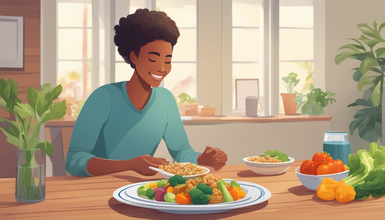 A person with diabetes enjoying a plate of tempeh with a variety of colorful vegetables on a wooden dining table