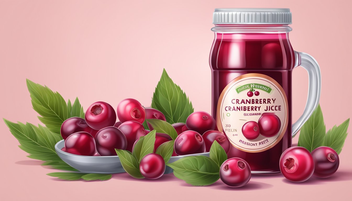 A glass of sugar-free cranberry juice surrounded by fresh cranberries and a nutritional label