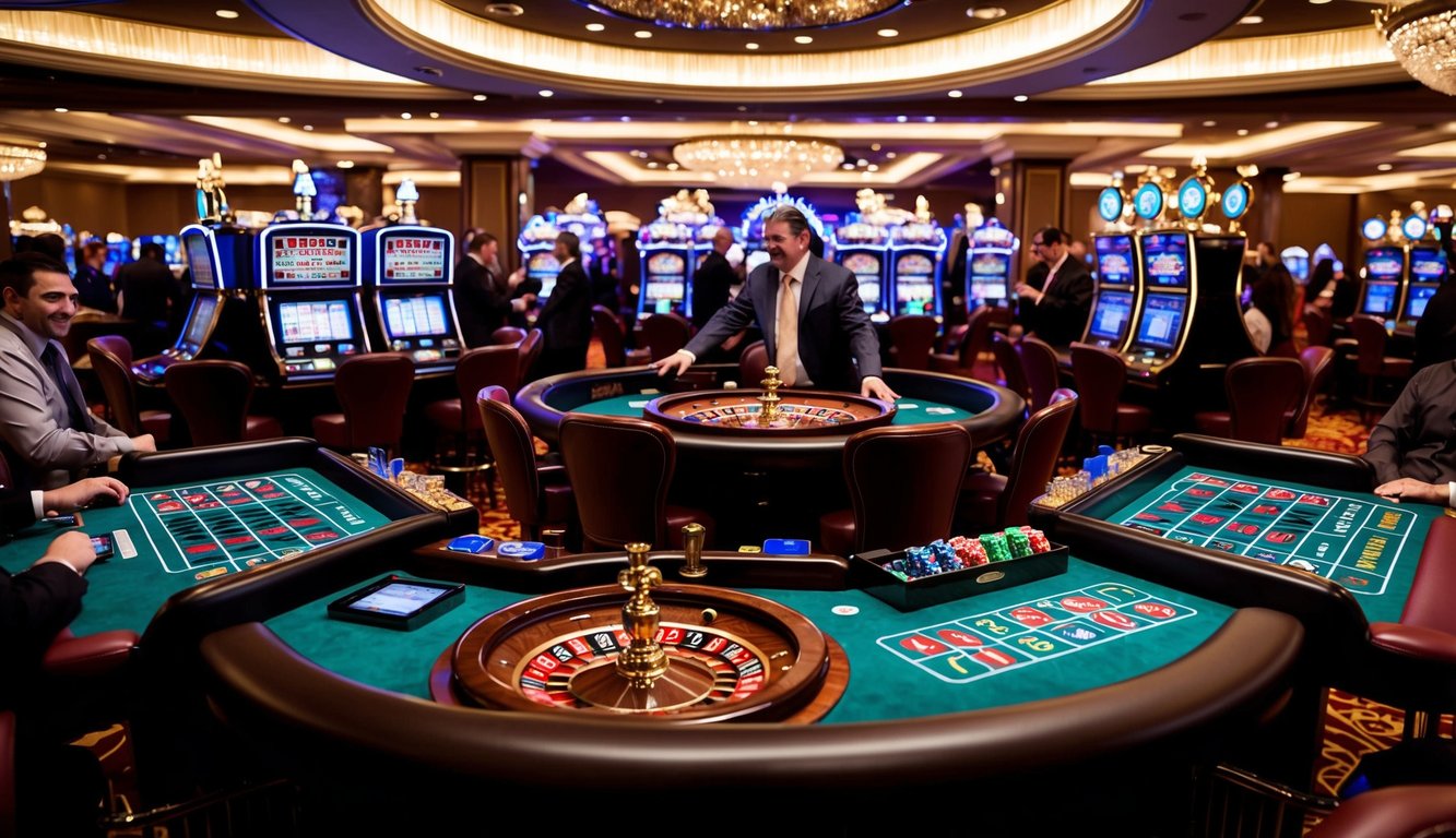 Sebuah kasino langsung yang ramai dengan roulette, poker, dan mesin slot, dikelilingi oleh pemain yang bersemangat dan lampu berwarna-warni yang berkedip.