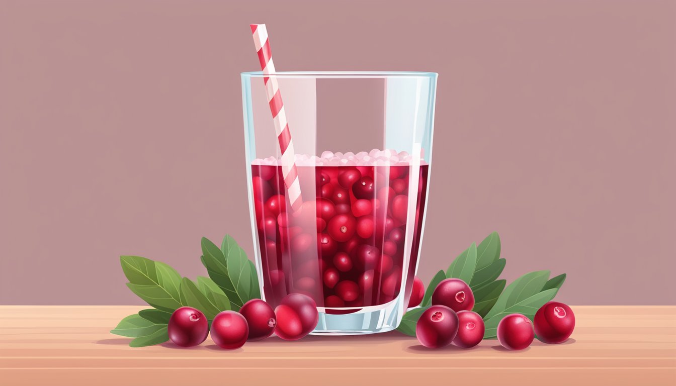 A glass of sugar-free cranberry juice next to a pile of fresh cranberries