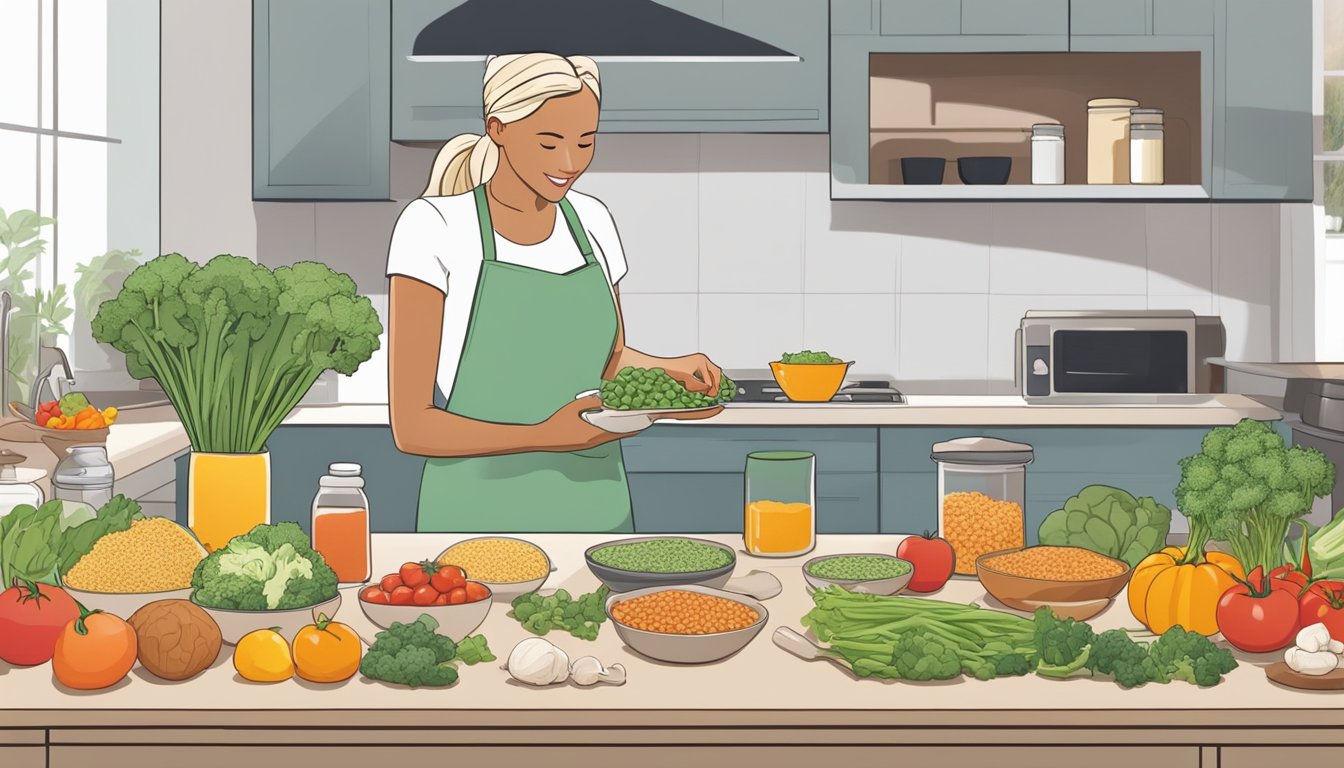 A person preparing a colorful and nutritious meal with tempeh and heart-healthy ingredients, such as vegetables and whole grains, on a clean and organized kitchen counter