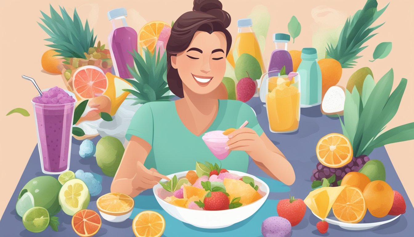 A diabetic person enjoying a bowl of sorbet while surrounded by healthy food options and exercise equipment