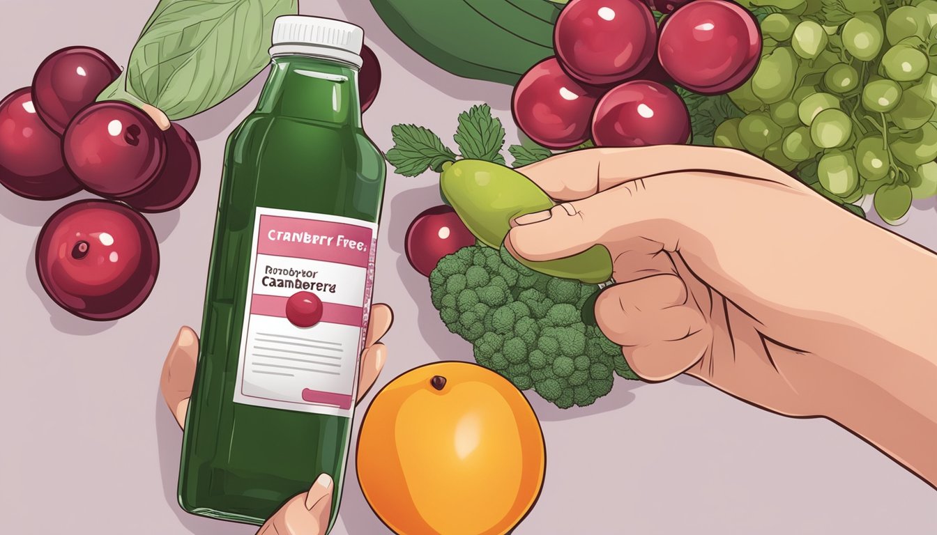 A person with diabetes holding a bottle of sugar-free cranberry juice, surrounded by fruits and vegetables, with a doctor's approval stamp in the background