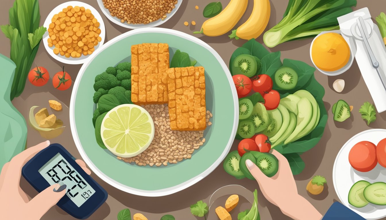 A dietician holding a plate of tempeh, surrounded by various healthy food items and a blood glucose monitor