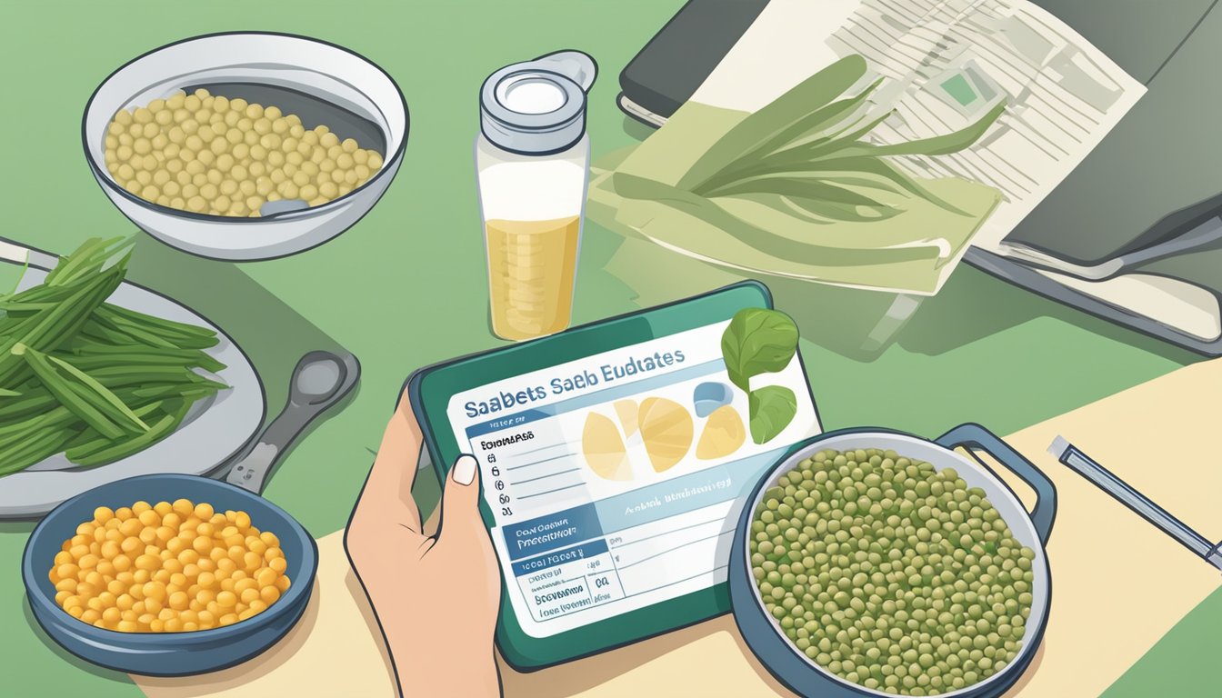 A person with diabetes holding a plate of soybeans, vegetables, and a measuring cup, with a nutrition label and a diabetes education book nearby