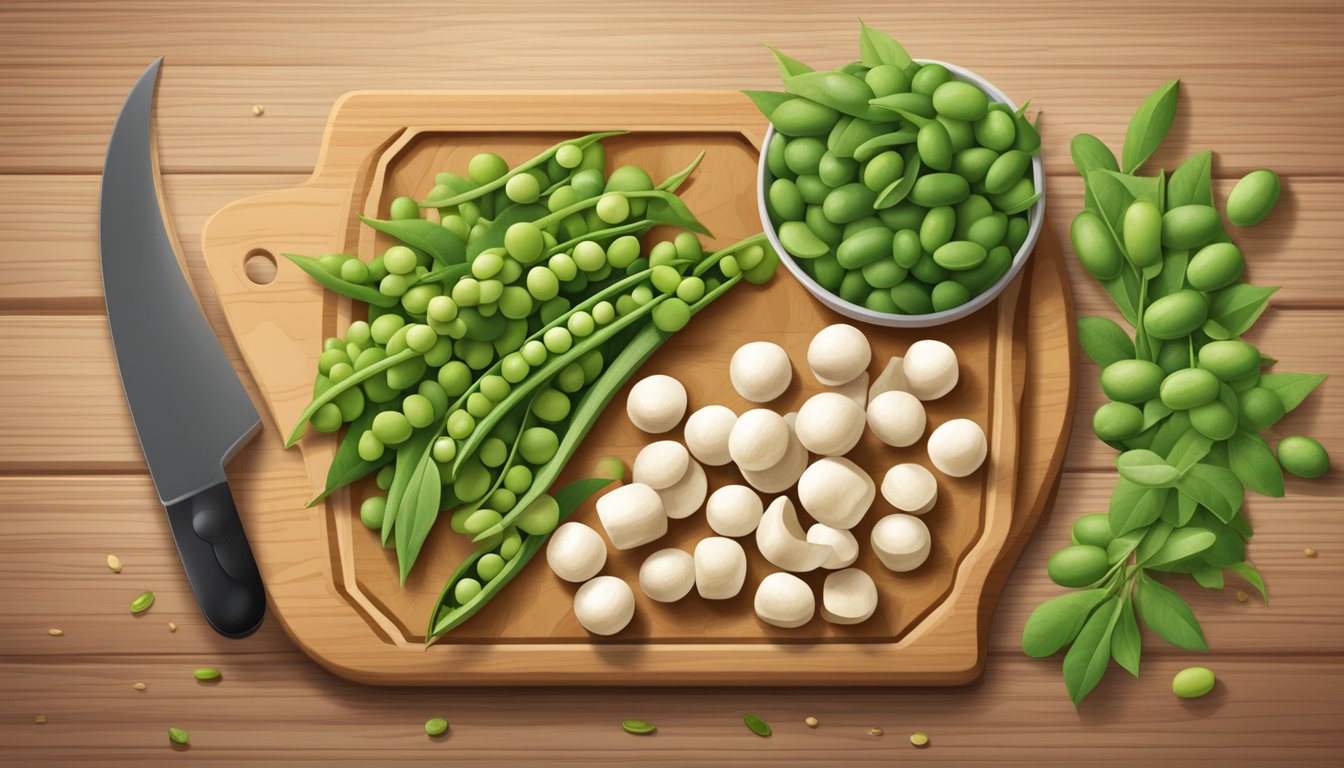 A colorful array of soybeans, tofu, and edamame arranged on a wooden cutting board, surrounded by vibrant green leaves and a scattering of soybean pods