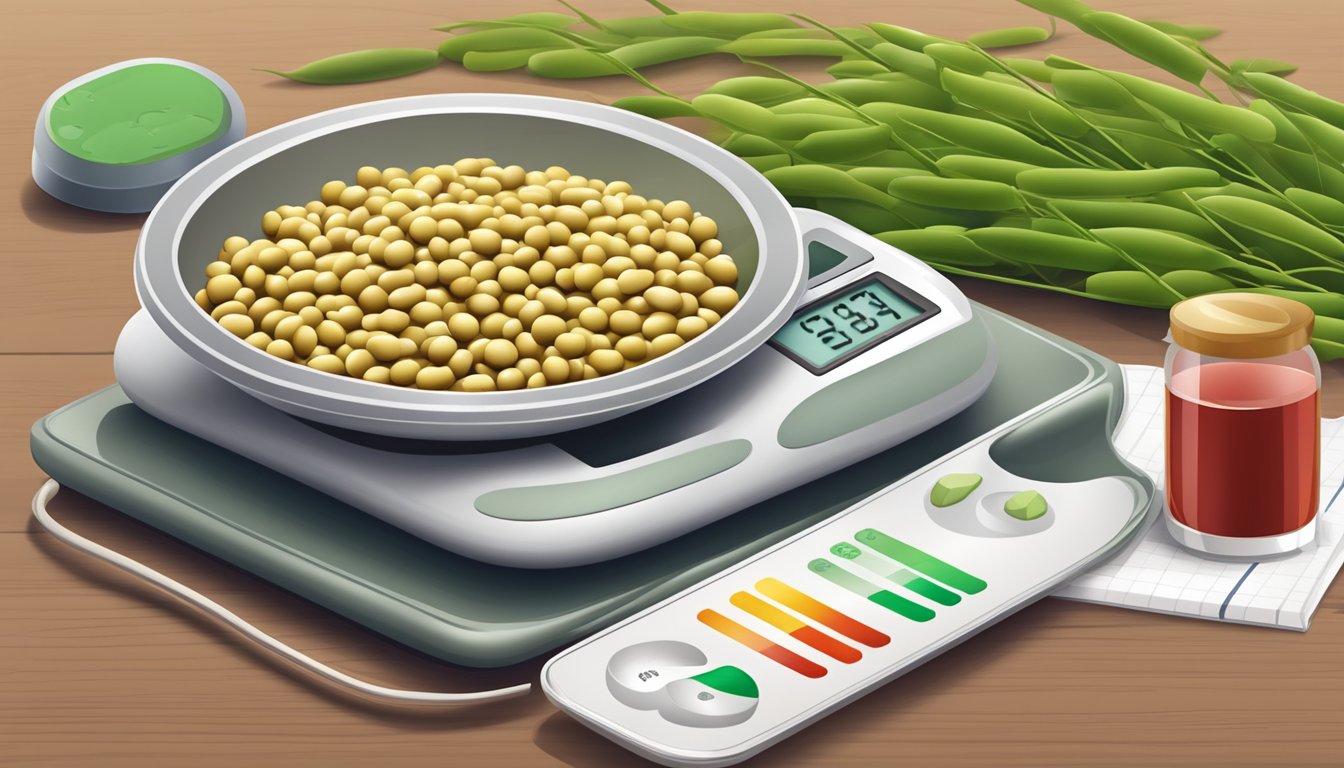 A bowl of soybeans and a blood sugar monitor on a table