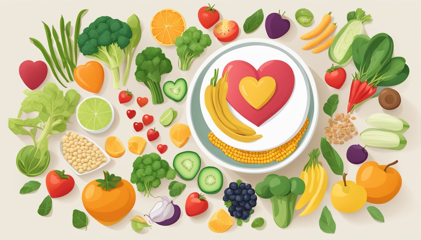 A bowl of soybeans next to a heart with a healthy heartbeat line, surrounded by various heart-healthy foods like fruits and vegetables