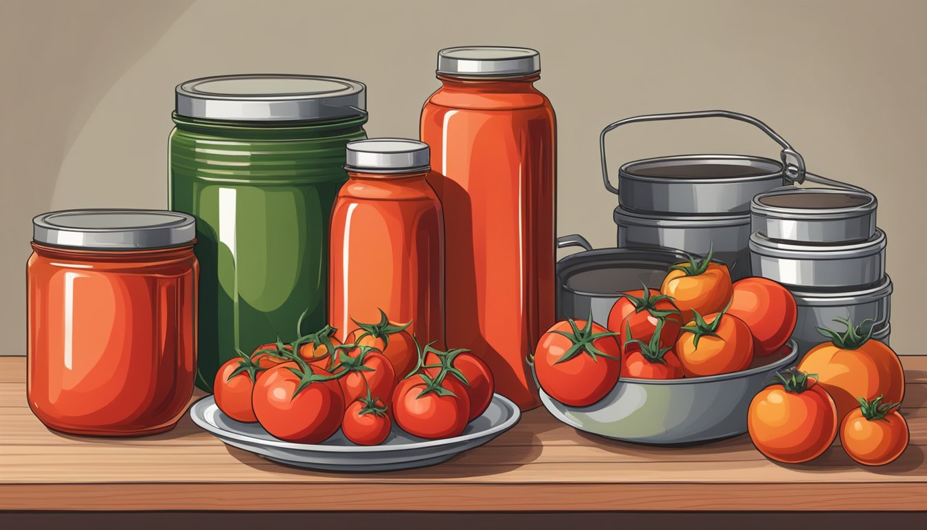 A variety of tomato products arranged on a kitchen counter, including canned tomatoes, tomato sauce, and fresh tomatoes