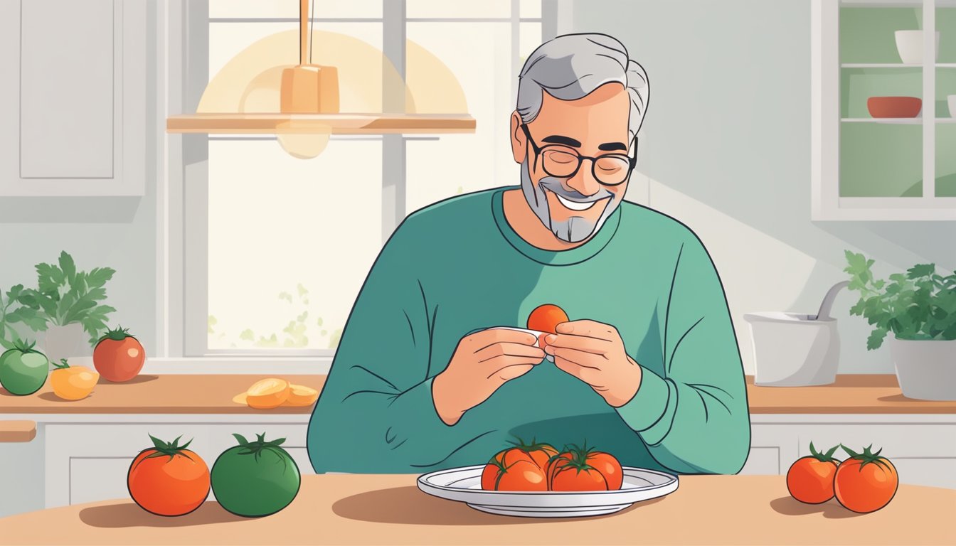 A person with diabetes happily eating a plate of fresh tomatoes