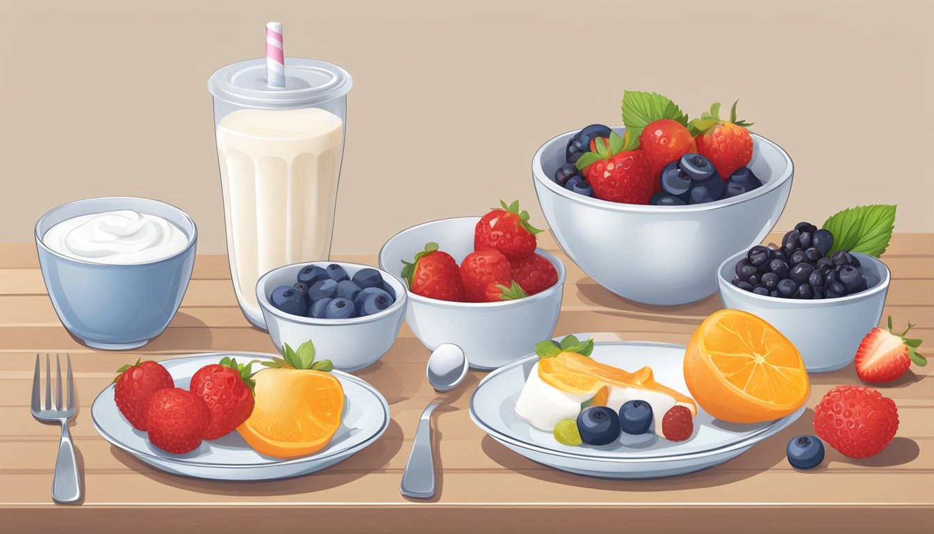 A plate with a sugar-free fruit bar, surrounded by a variety of portion sizes and serving suggestions, such as a bowl of mixed berries and a small cup of yogurt