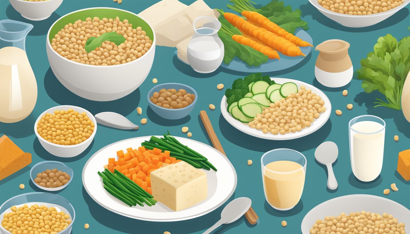 A diabetic-friendly meal with a plate of soybeans, tofu, and soy milk, alongside a variety of colorful vegetables and whole grains