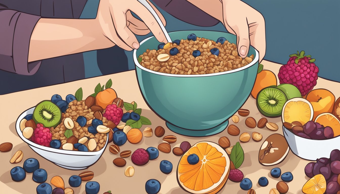 A person with diabetes pouring sugar-free granola into a bowl, surrounded by various fruits and nuts