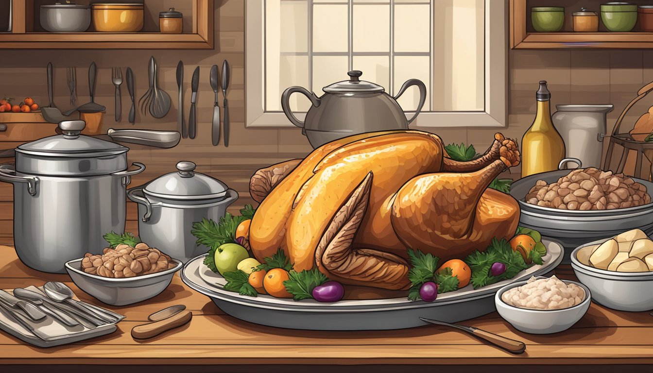 A table with a cooked turkey on one side and a raw turkey on the other, surrounded by various ingredients and cooking utensils