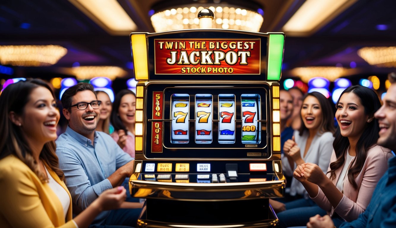 Mesin slot berwarna-warni dengan lampu berkedip dan gulungan berputar, dikelilingi oleh pemain yang bersemangat berharap untuk mendapatkan jackpot terbesar