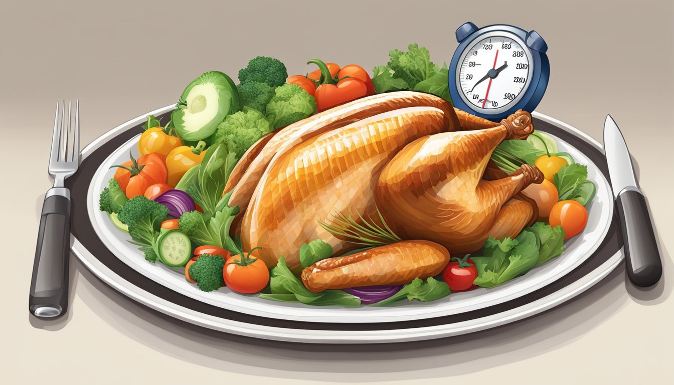 A plate with turkey, vegetables, and a blood sugar monitor