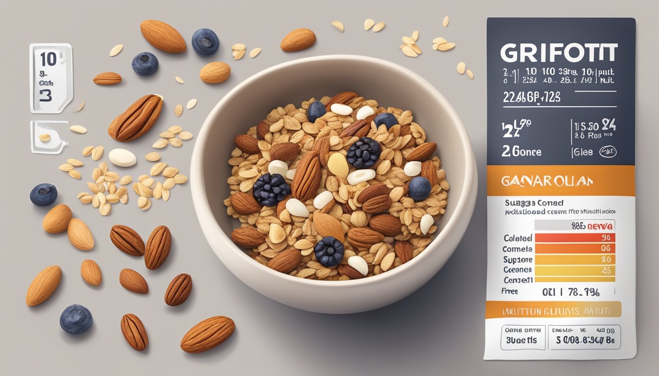 A bowl of sugar-free granola surrounded by various nuts, seeds, and dried fruits, with a nutrition label showing low sugar content