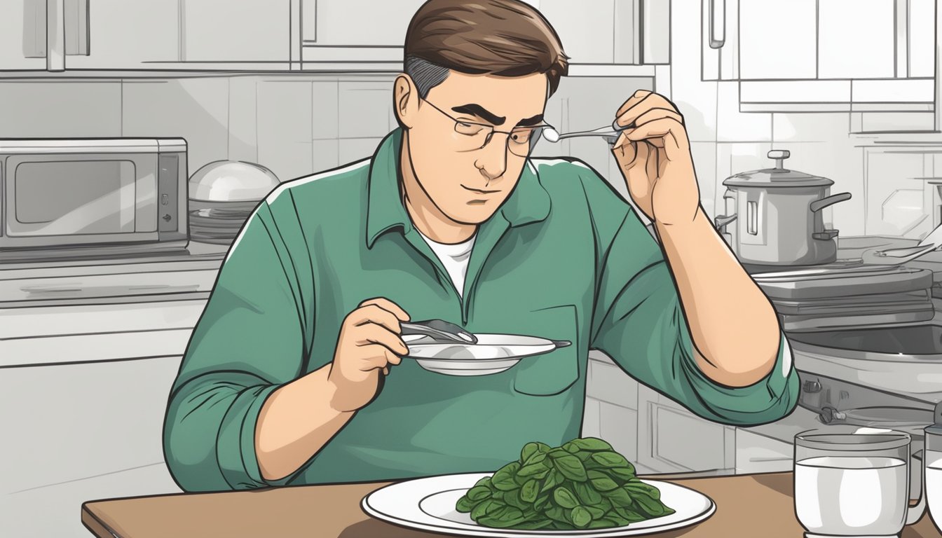 A diabetic person cautiously inspecting a plate of spinach, with a concerned expression on their face