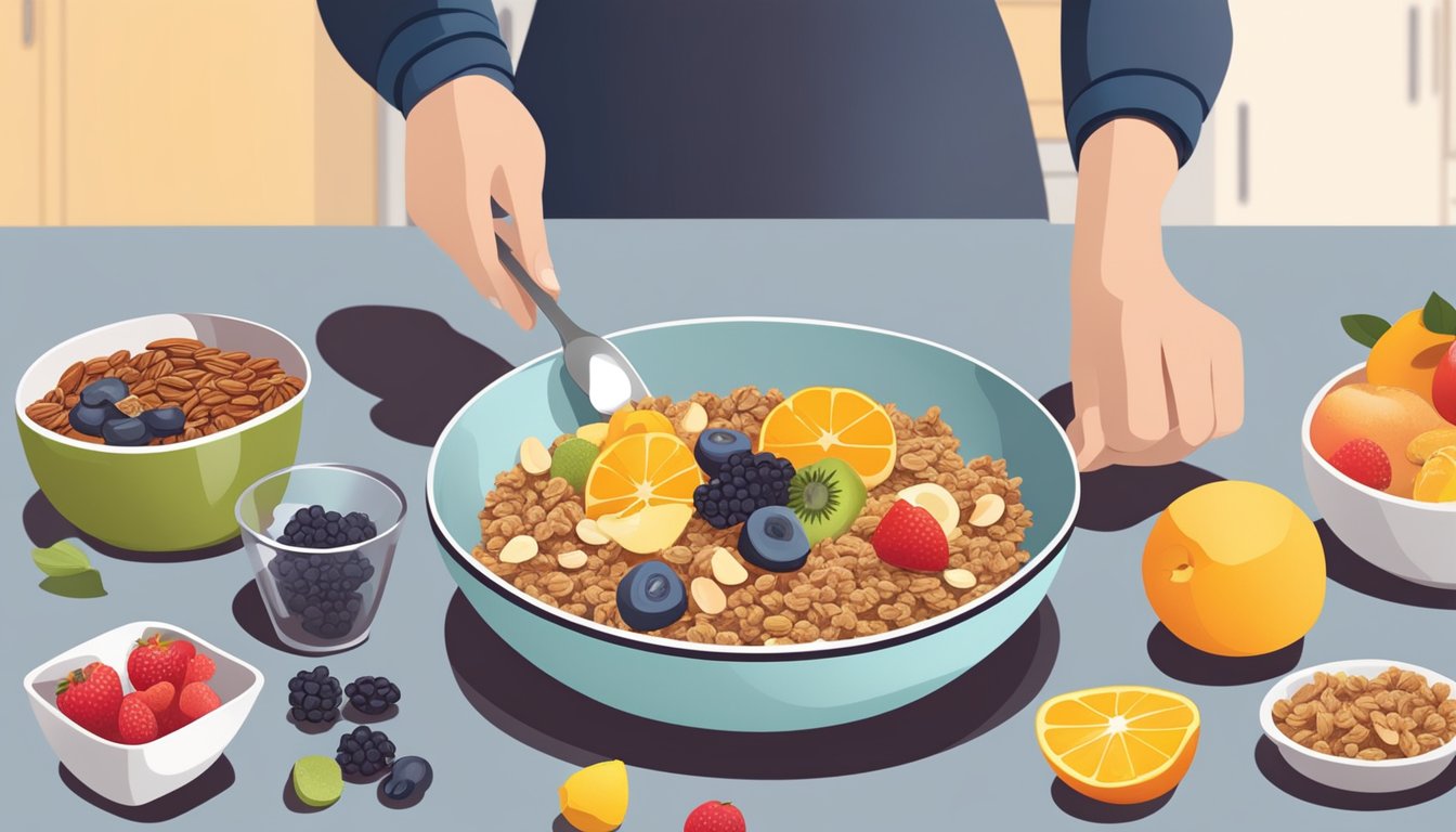 A person pours sugar-free granola into a bowl, alongside a variety of fresh fruits and nuts, preparing a diabetic-friendly breakfast