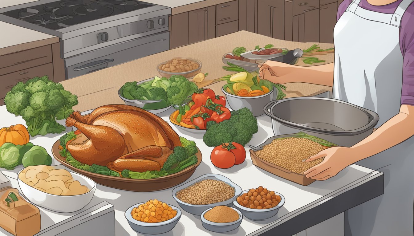 A person with diabetes preparing a balanced meal including turkey, vegetables, and whole grains