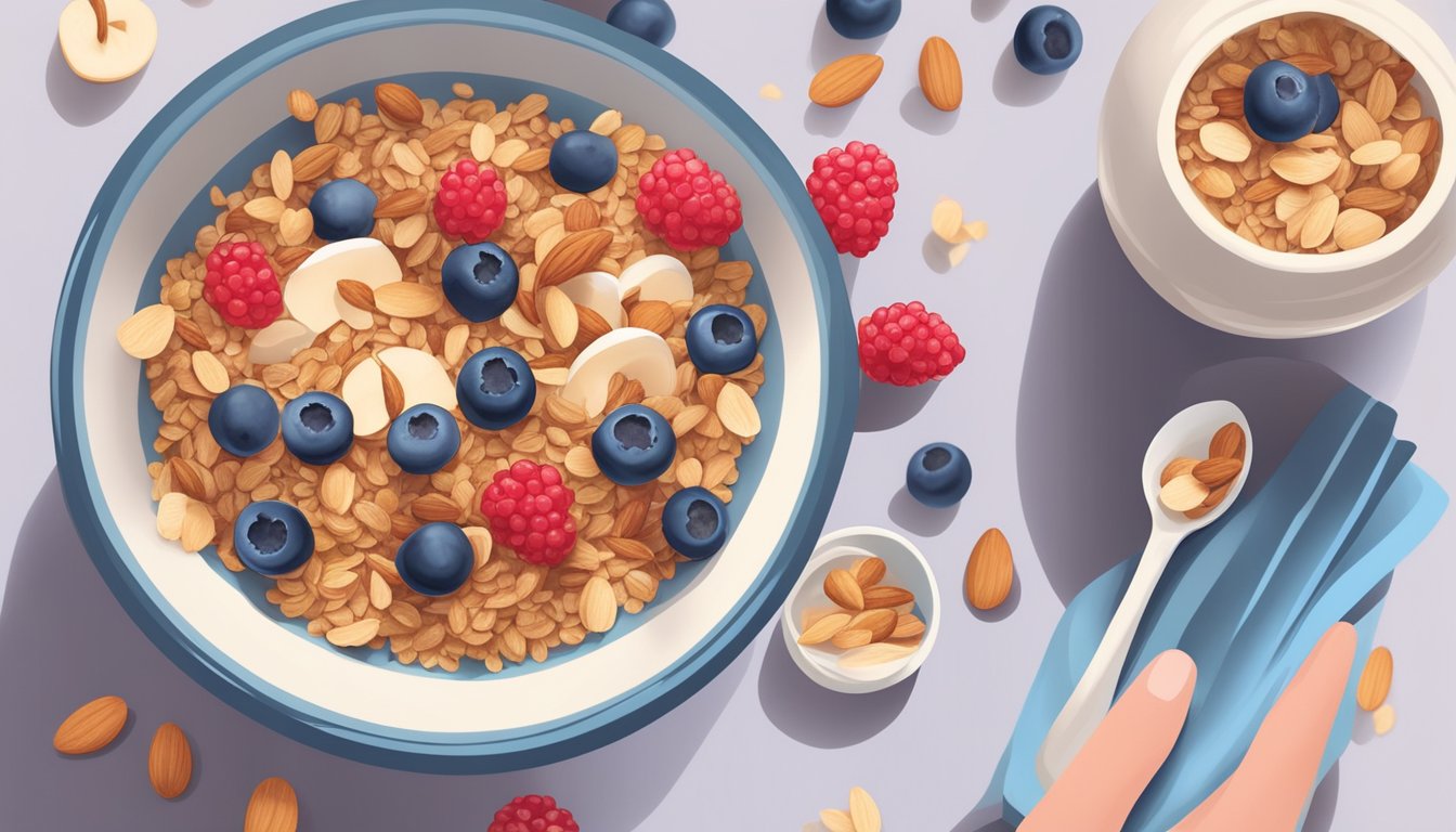 A person with diabetes enjoying a bowl of sugar-free granola with fresh berries and almond milk for breakfast