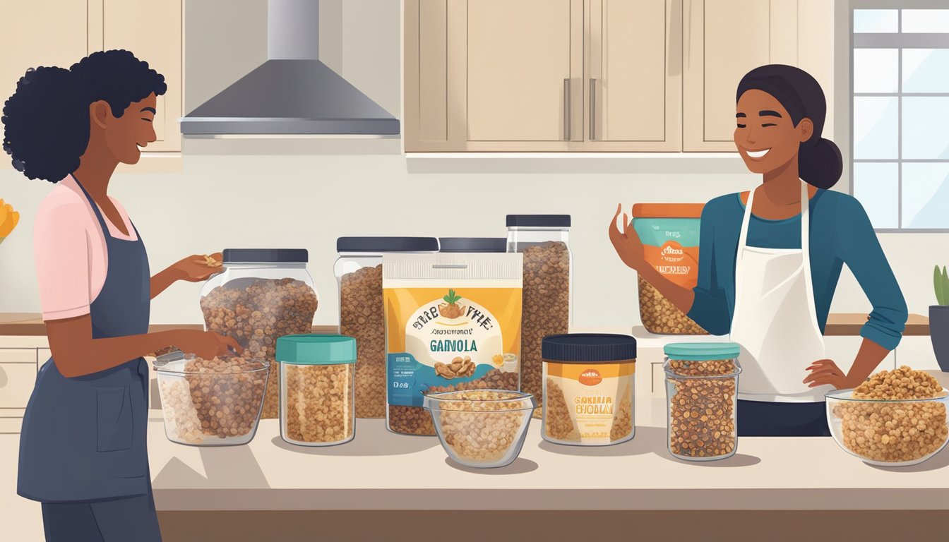 A person comparing different types of granola, including sugar-free options, on a kitchen counter