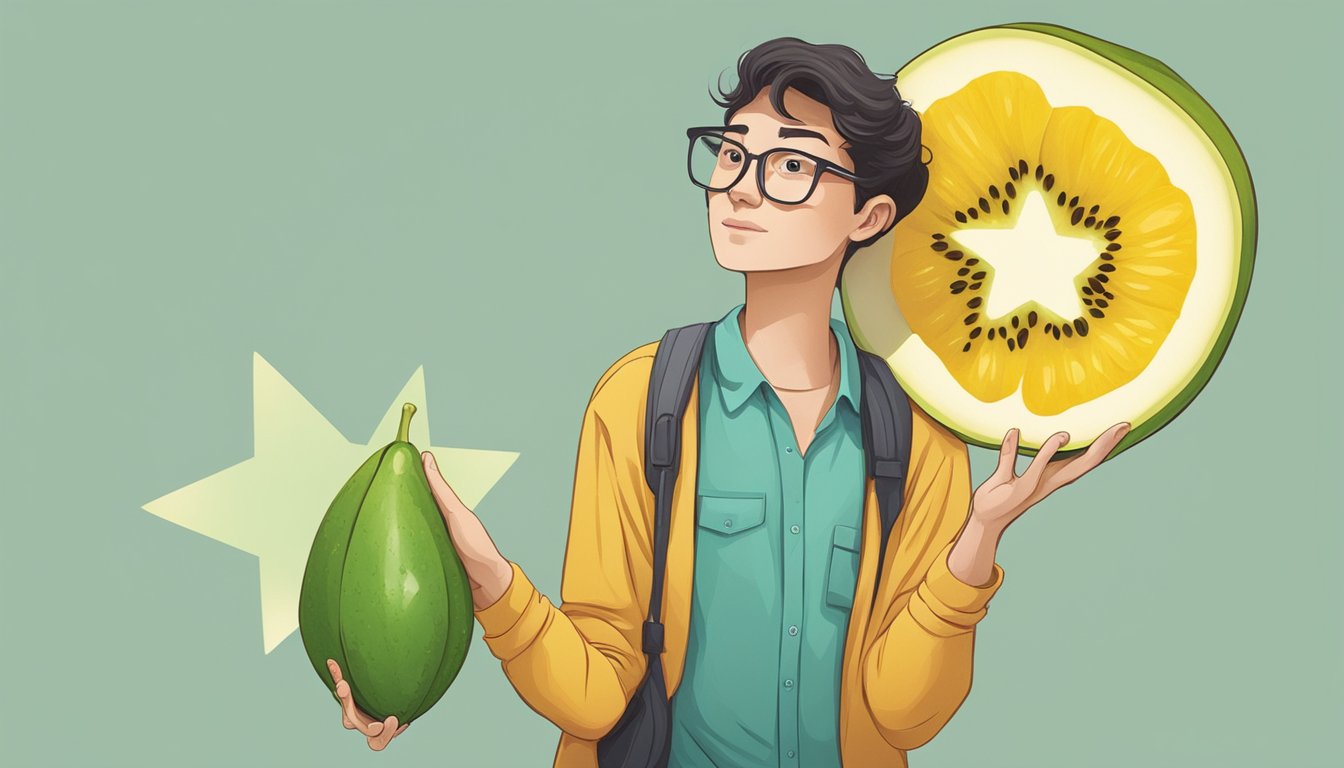 A person with diabetes holding a star fruit, with a question mark above their head