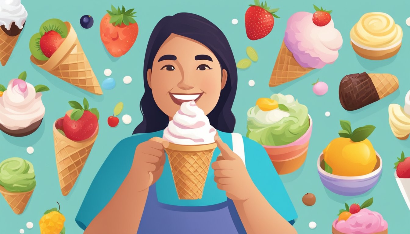 A diabetic person holding a sugar-free ice cream cone with a smile on their face. They are surrounded by a variety of healthy food options