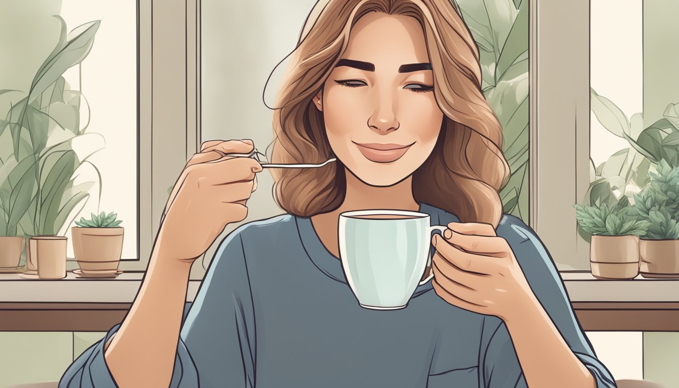 A diabetic person enjoying a steaming cup of unsweetened almond milk latte with a serene expression on their face