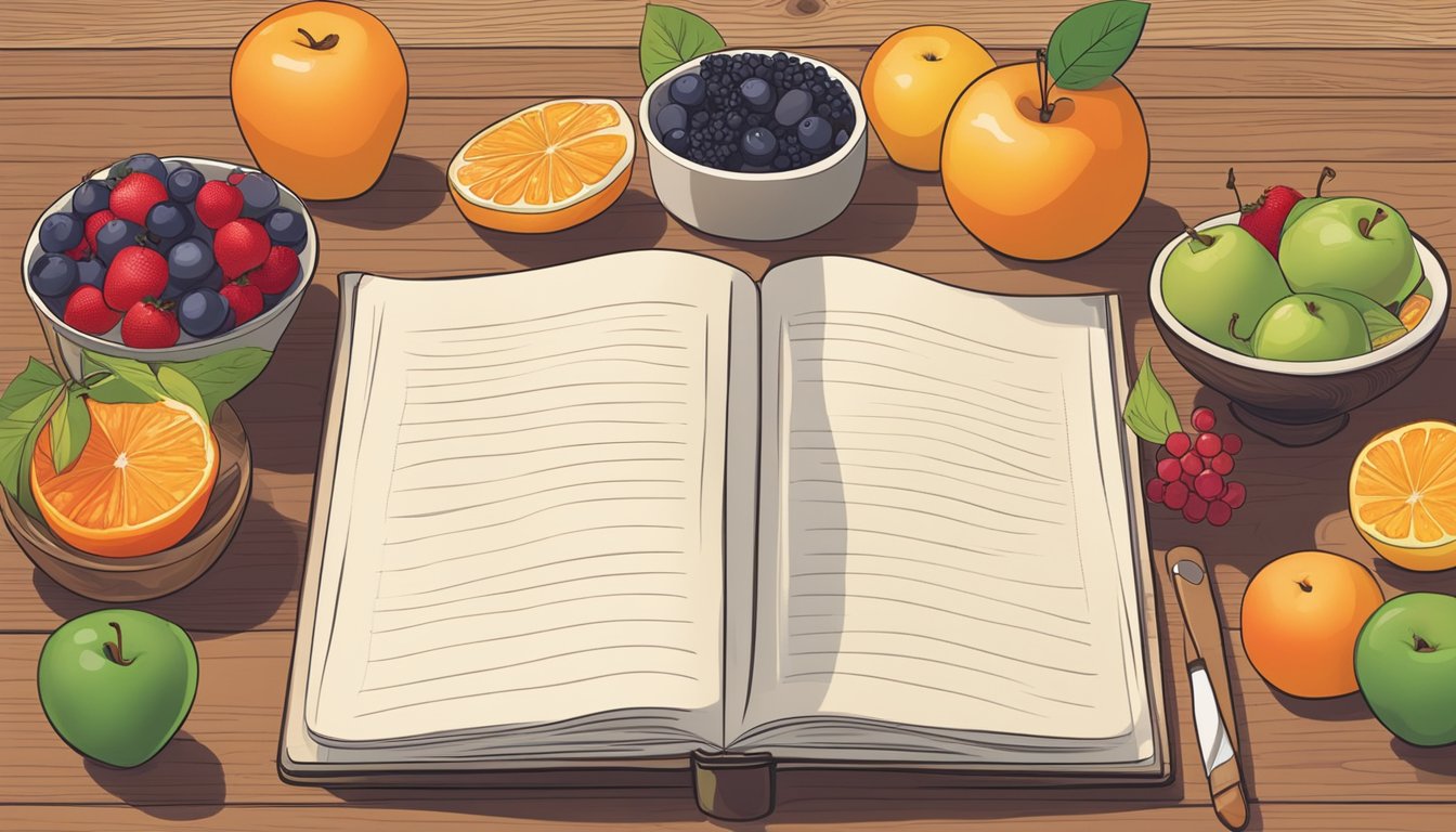 A bowl of assorted fruits, including apples, berries, and oranges, sits on a wooden table next to a diabetes-friendly recipe book