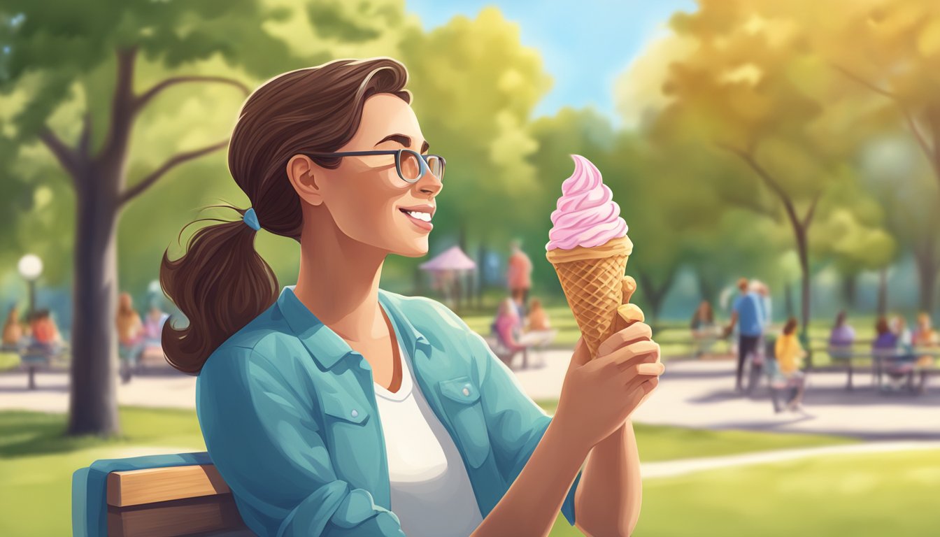 A diabetic person enjoying a sugar-free ice cream cone at a sunny park