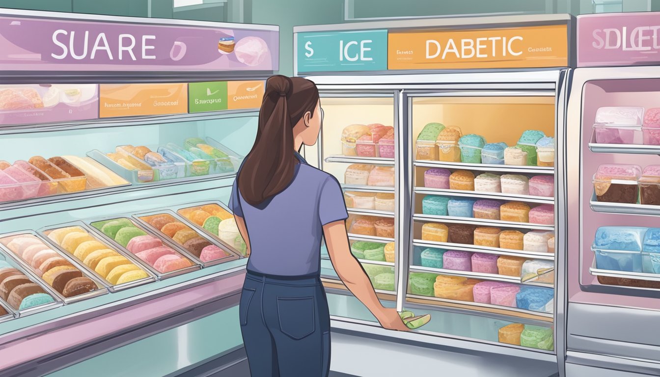 A person selecting sugar-free ice cream from a freezer labeled "Diabetic-Friendly" with various flavors and nutritional information displayed