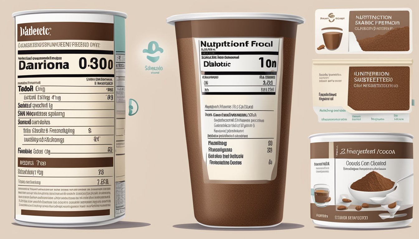 A table with unsweetened cocoa powder, a nutrition label, and a diabetic-friendly symbol