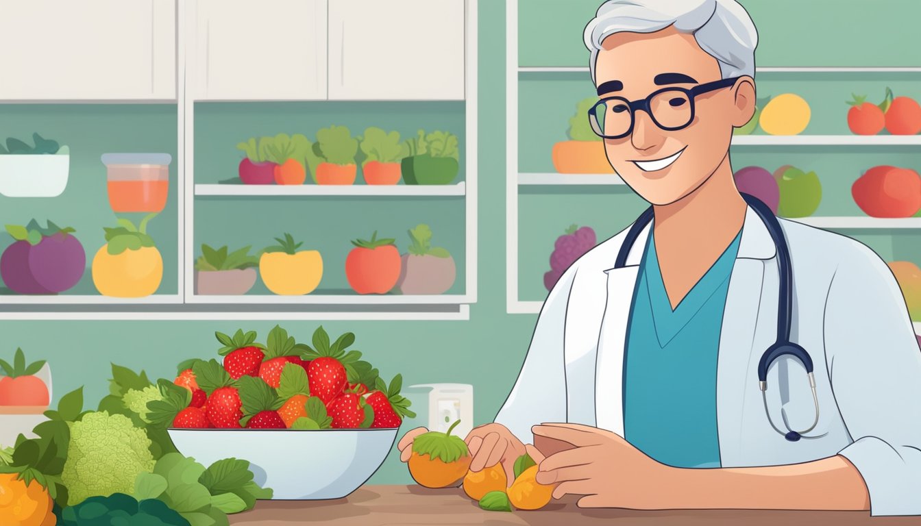 A person with diabetes enjoying a bowl of fresh strawberries, surrounded by various fruits and vegetables, with a doctor smiling in the background