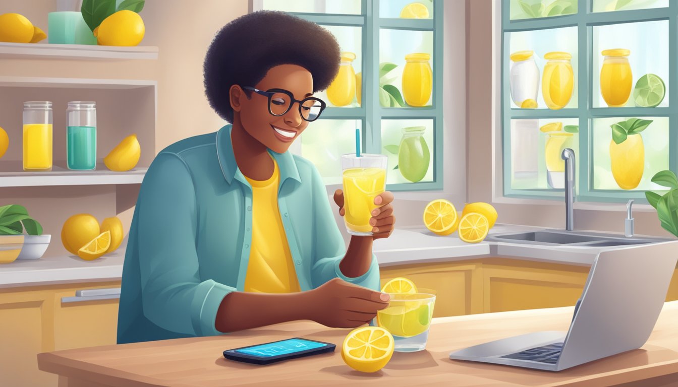 A person with diabetes enjoying a glass of sugar-free lemonade while checking their blood sugar levels with a glucose monitor