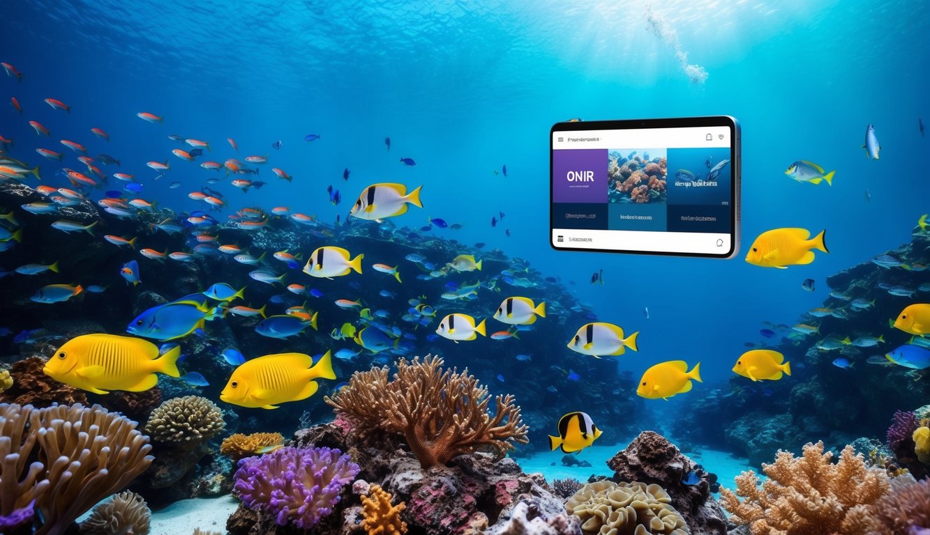 Dunia bawah laut yang tenang dipenuhi dengan ikan berwarna-warni dan terumbu karang yang cerah, dengan antarmuka permainan online yang ramping dan modern mengapung di latar belakang