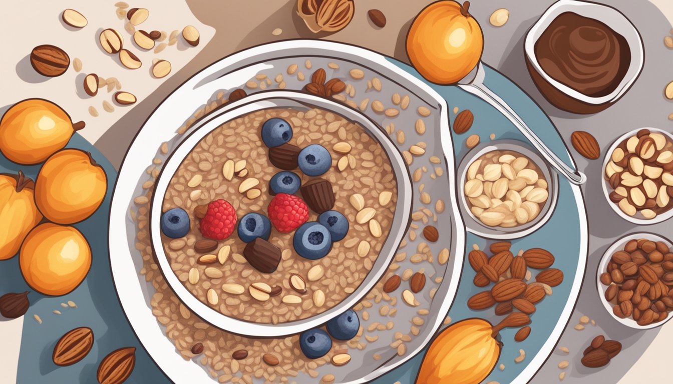 A person with diabetes sprinkles unsweetened cocoa powder into a bowl of oatmeal, surrounded by various fruits and nuts