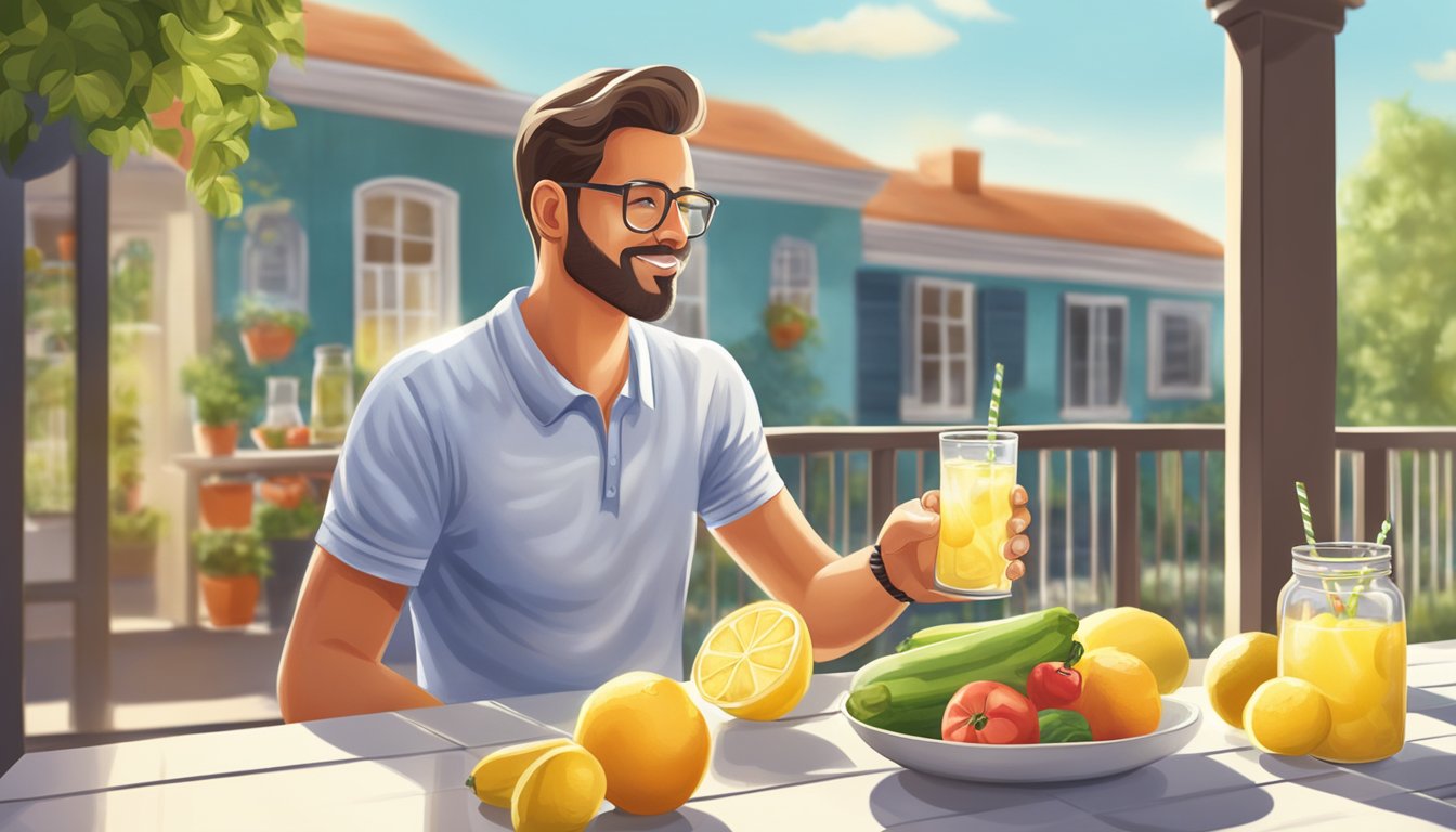 A diabetic person enjoying a glass of sugar-free lemonade with a plate of fresh fruits and vegetables on a sunny outdoor patio