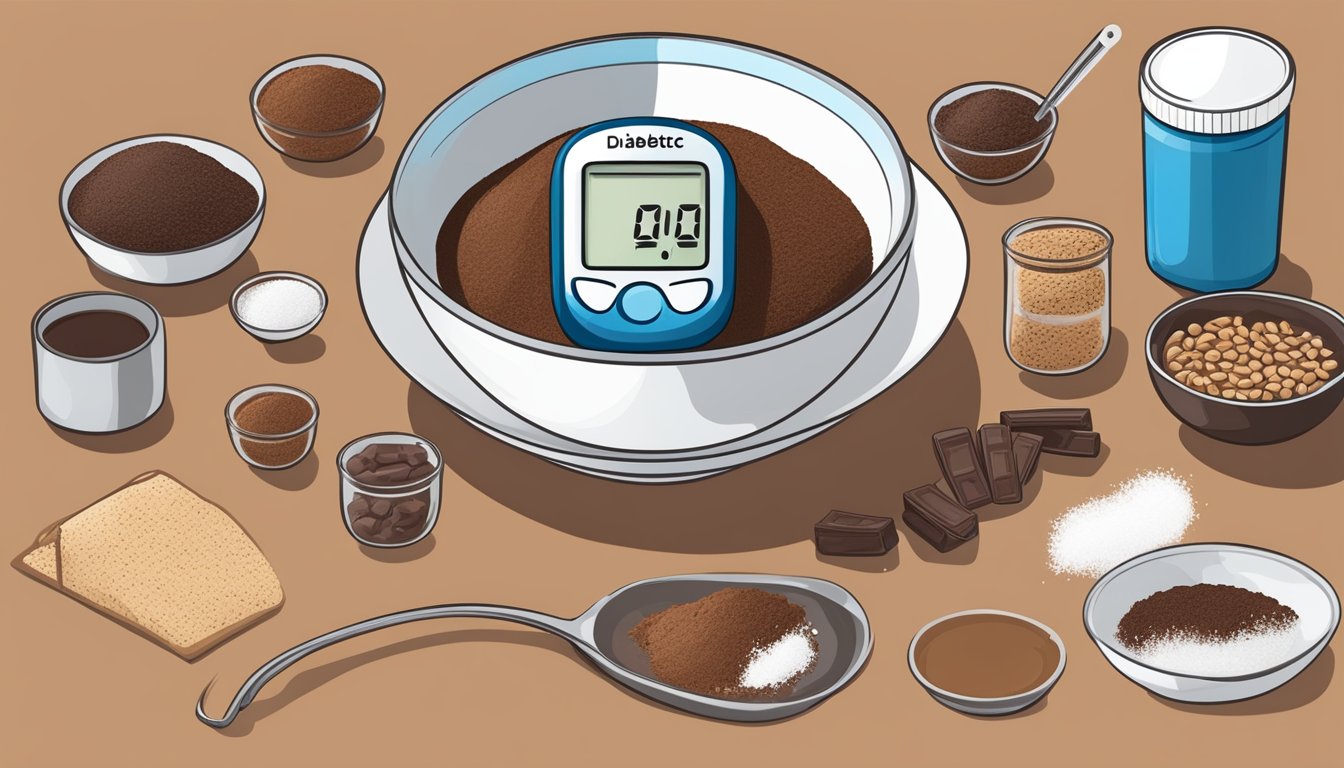 A diabetic carefully measuring unsweetened cocoa powder into a bowl, surrounded by various sugar alternatives and a glucometer