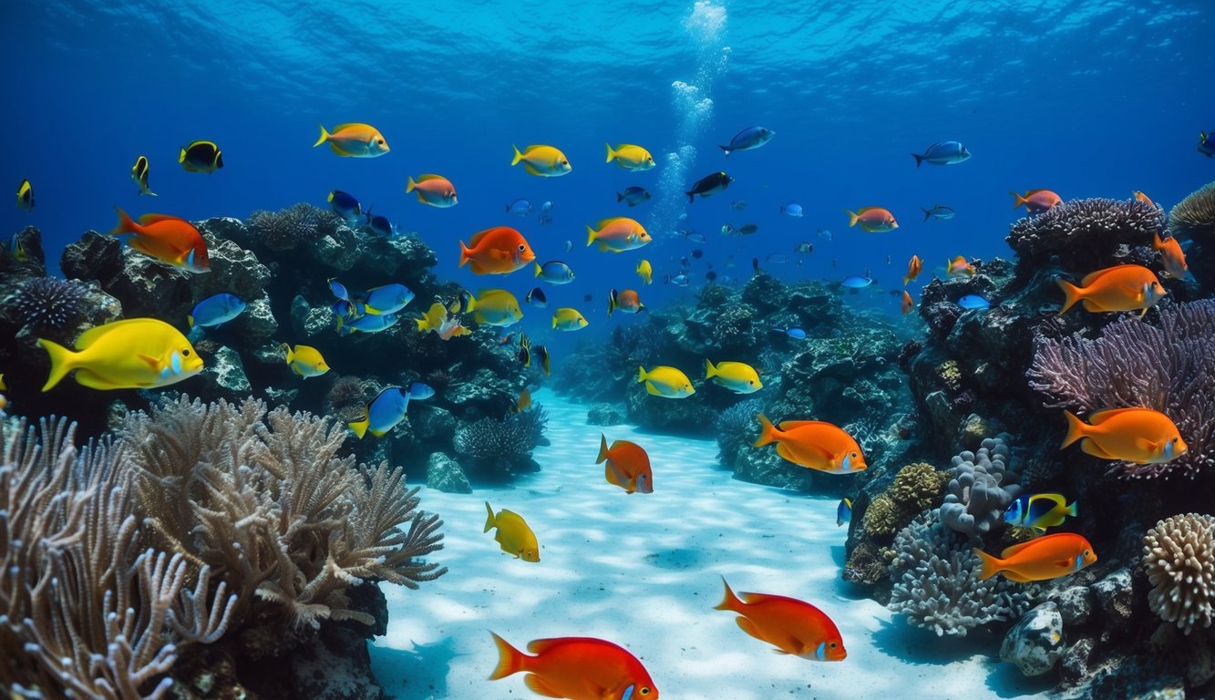 Dunia bawah laut yang tenang dengan ikan berwarna-warni berenang di sekitar terumbu karang