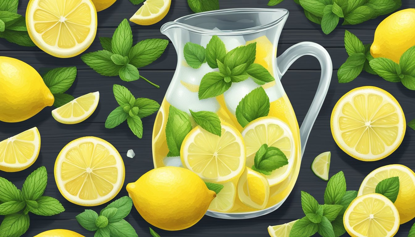 A pitcher of sugar-free lemonade surrounded by fresh lemons and mint leaves on a wooden table