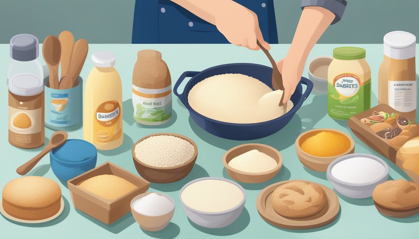 A person with diabetes holds a box of sugar-free baking mix, surrounded by various baking ingredients and utensils on a kitchen counter