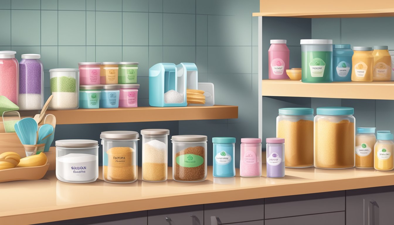 A kitchen counter with various sugar substitutes and baking ingredients, including sugar-free baking mixes, arranged neatly in containers and packages