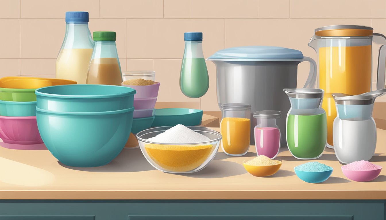 A kitchen counter with various sugar-free baking mixes, measuring cups, and mixing bowls